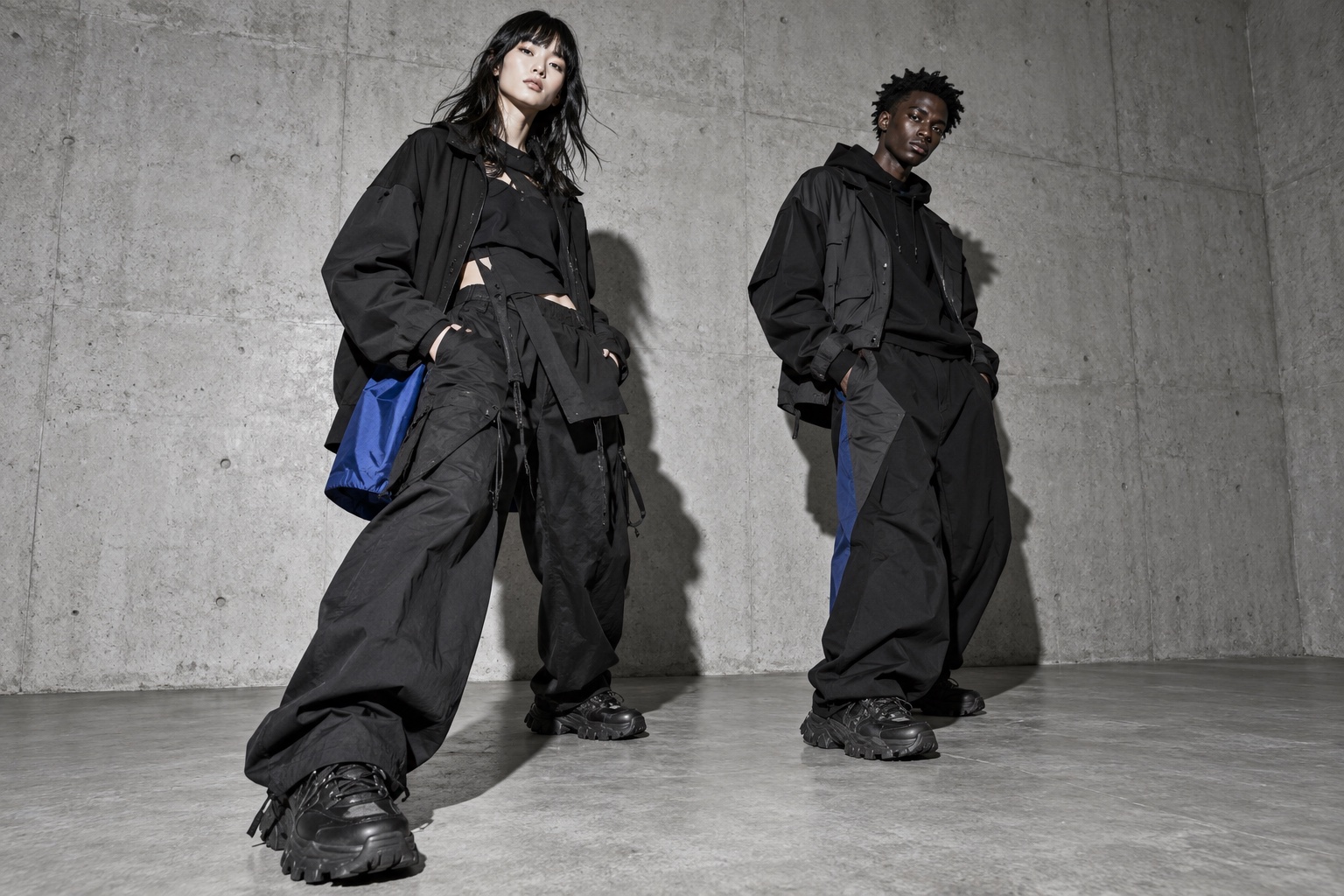 Deux silhouettes en vêtements techniques, visuel de démonstration